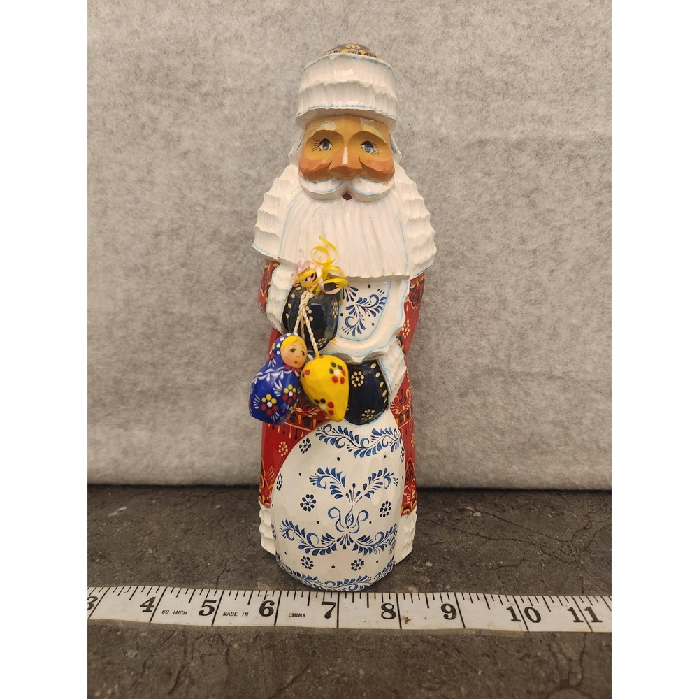 Russian Hand Carved Wood Santa Figurine Gzhel Khokhloma Sergiev Posad Christmas - Picture 1 of 16